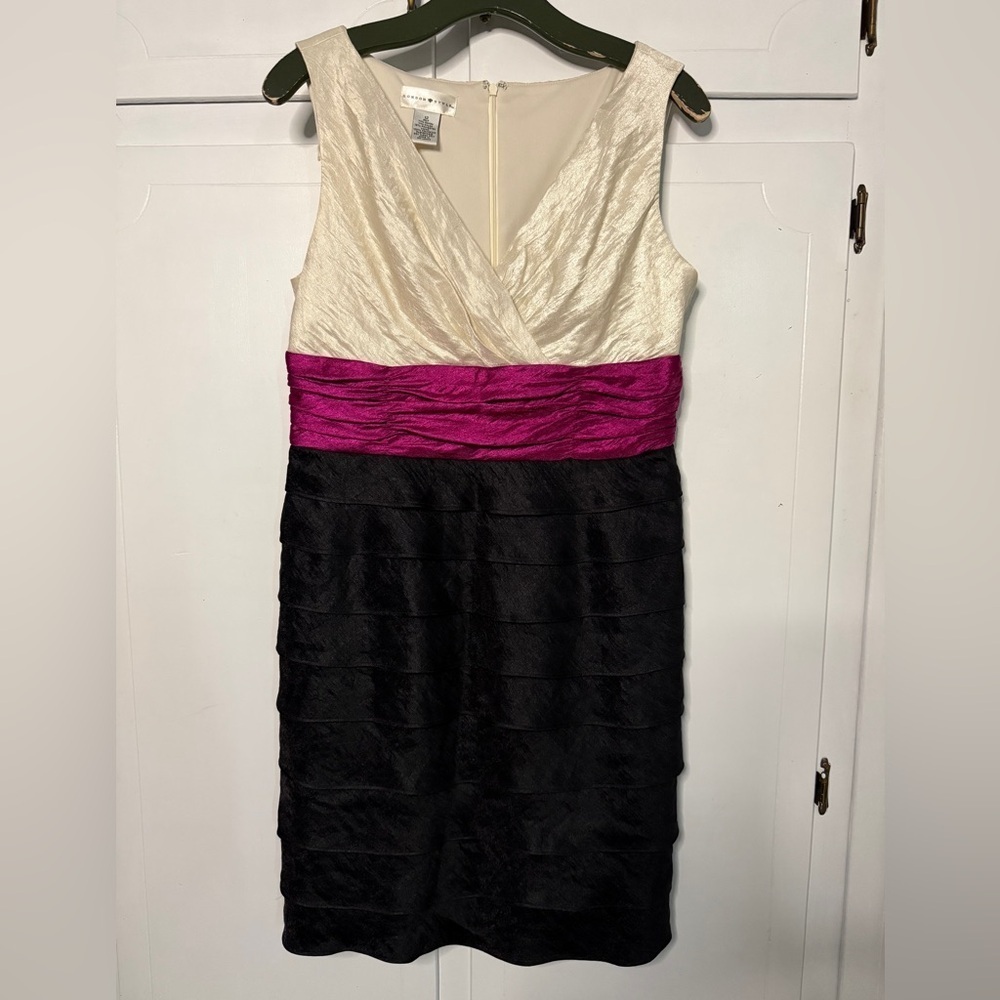 London Style Cream, Fuchsia, and Black Midi Dress